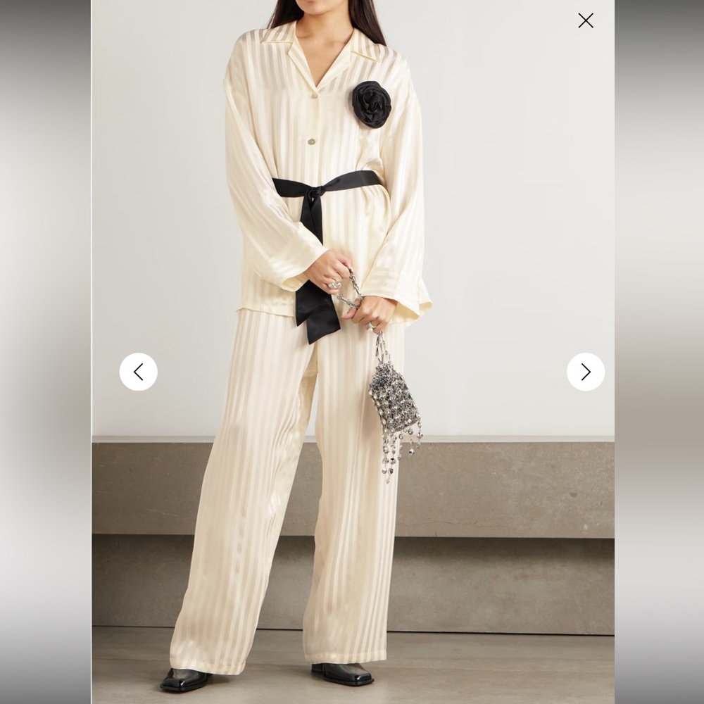 NWT Sleeper The Rose Belt Embellished Striped Satin Pajama Set in Cream